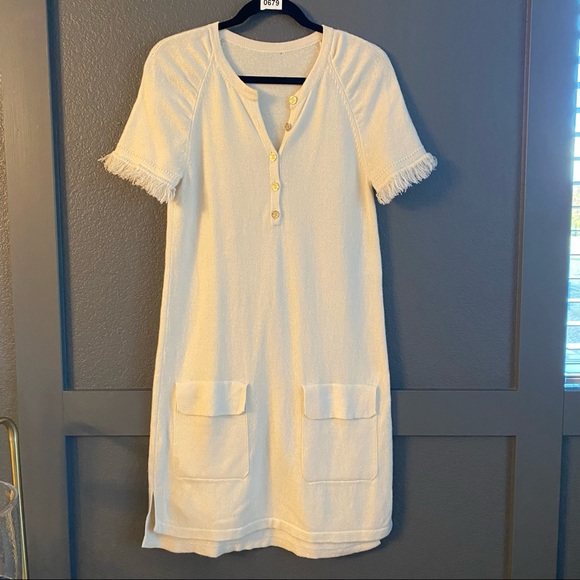 CHANEL Dresses & Skirts - Chanel cream fringe sleeve Henley style 100% cashmere dress 36